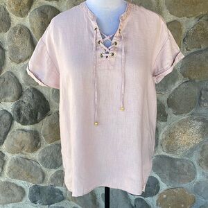 Pink Linen Ellen Tracy popover top with lace up neck with gold grommets & detail